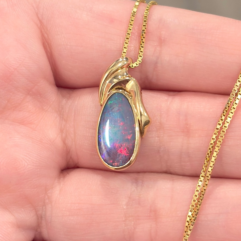 14K Australian Opal Pendant, Vintage Doublet, Crystal Dark Natural, Colorful IOG - Picture 9 of 14
